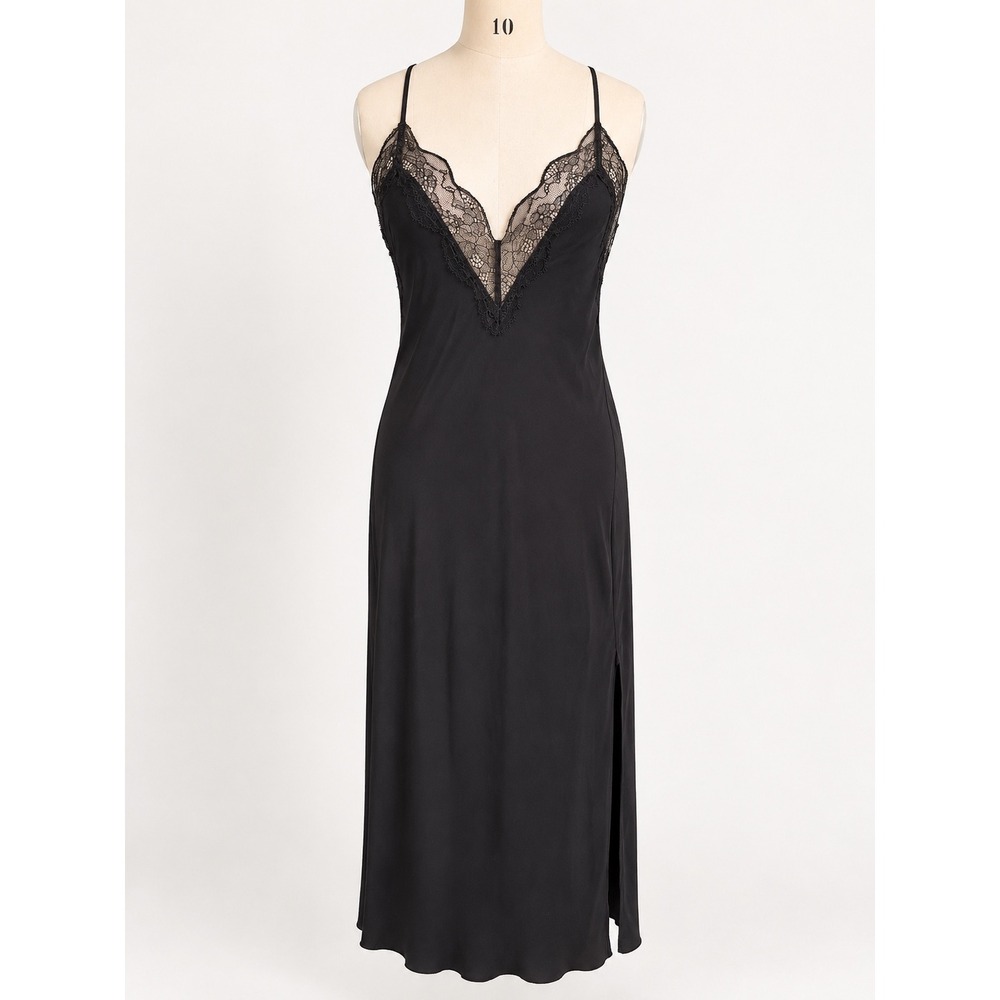 Victoria's Secret Maxi Slip Dress Black Lace V Neck Cross Back Size M Night Gown